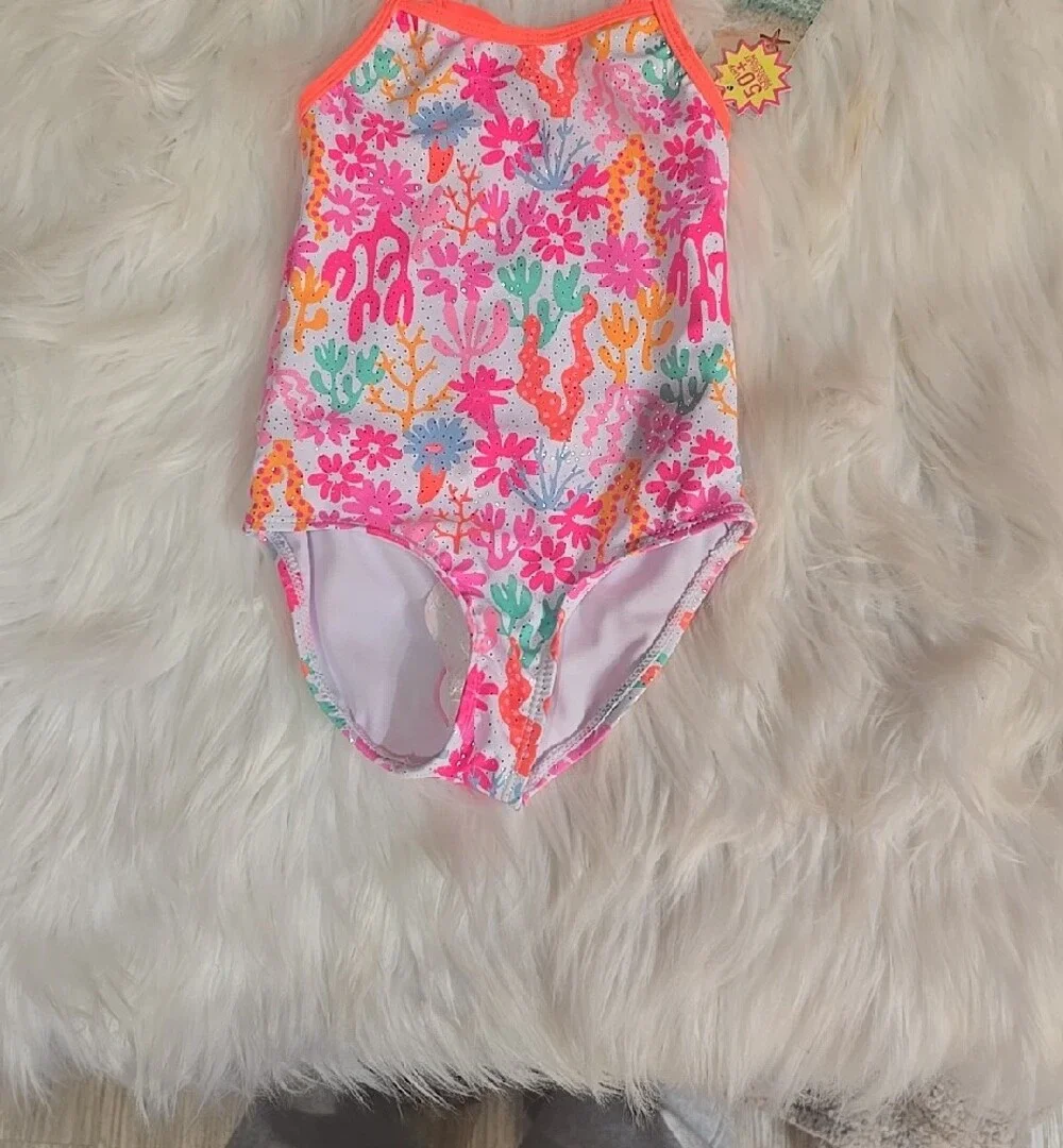 Kids One Piece Swim Suit Set w Neon Orange Crochet Cover-Up